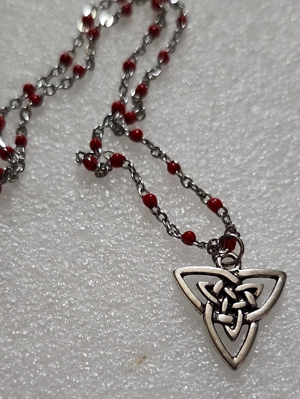 Hand Crafted Silver Celtic Knot Necklace with Red Beads